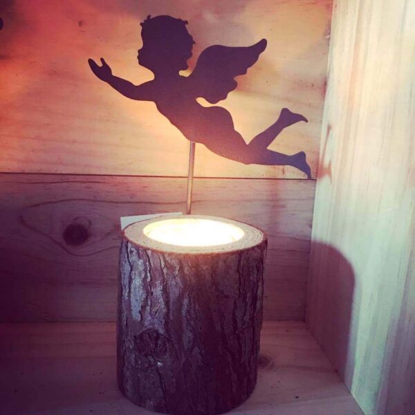 Metal Cherub On A Log Slice Candle Holder