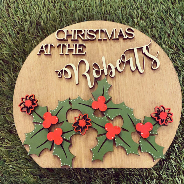 Solid Pine Free Standing Wooden Circle Block With Antlers And Holly