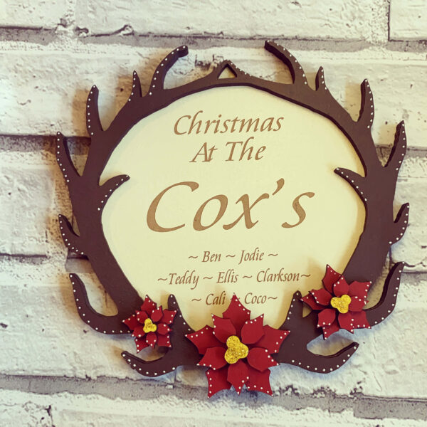 Antler & Poincettia Family Wreath Plaque